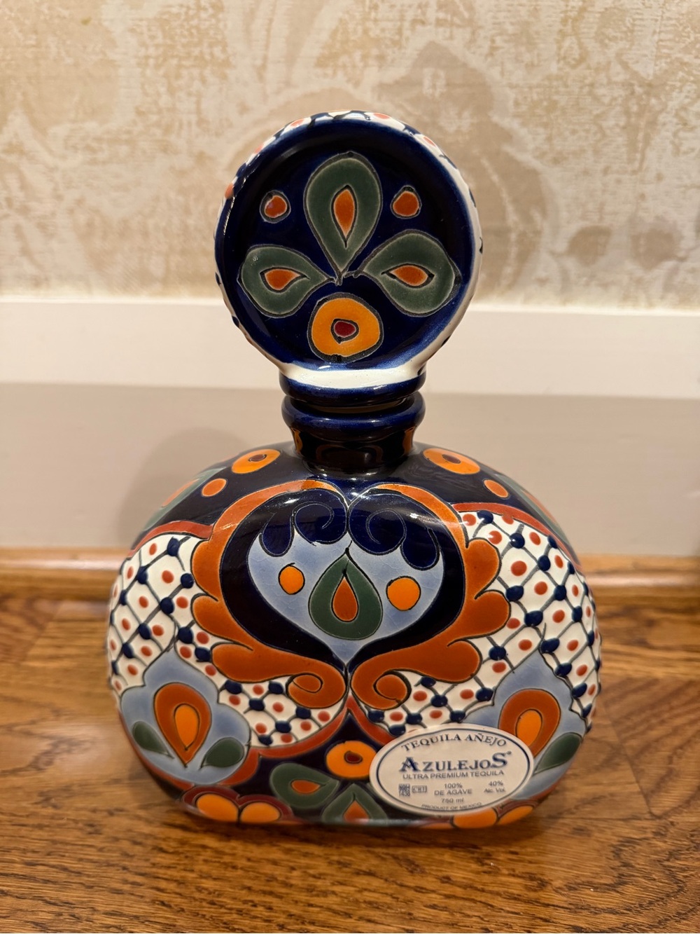 Hand-Painted Ceramic Tequila AzulejoS empty bottle.- Blue & Orange